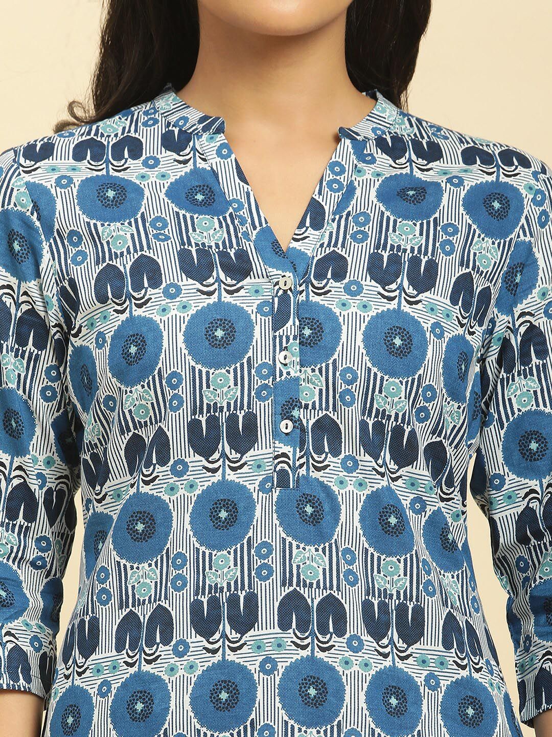 W Blue & White Geometric Printed Mandarin Collar Cotton A-Line Kurta