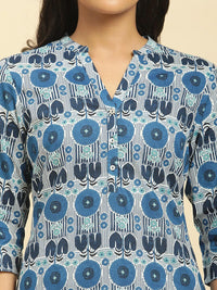 W Blue & White Geometric Printed Mandarin Collar Cotton A-Line Kurta