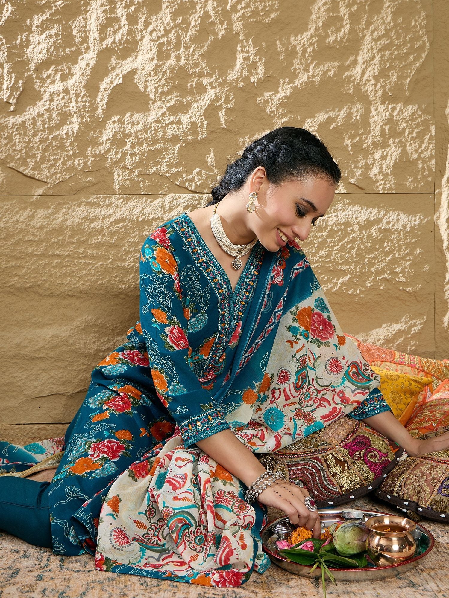 Indo Era Floral Printed Mirror Work V-Neck Straight Kurta With Trousers And Dupatta