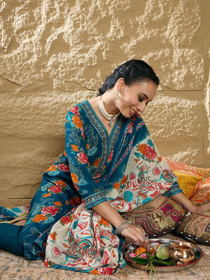 Indo Era Floral Printed Mirror Work V-Neck Straight Kurta With Trousers And Dupatta