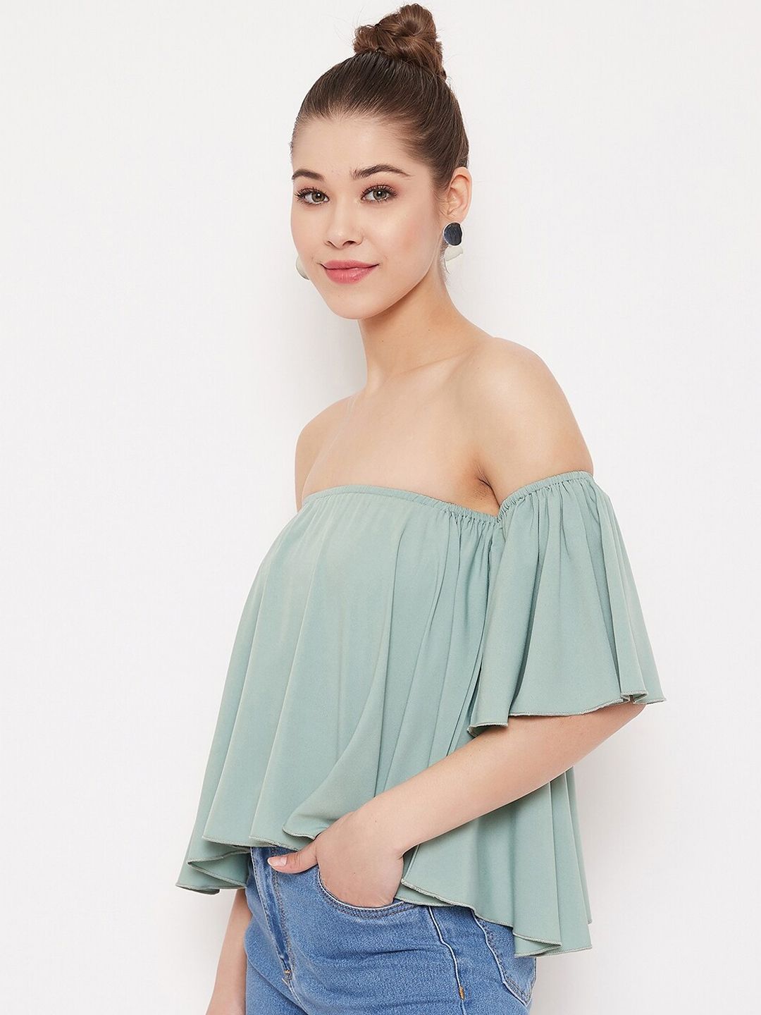 Berrylush Women Green Solid Bardot Top