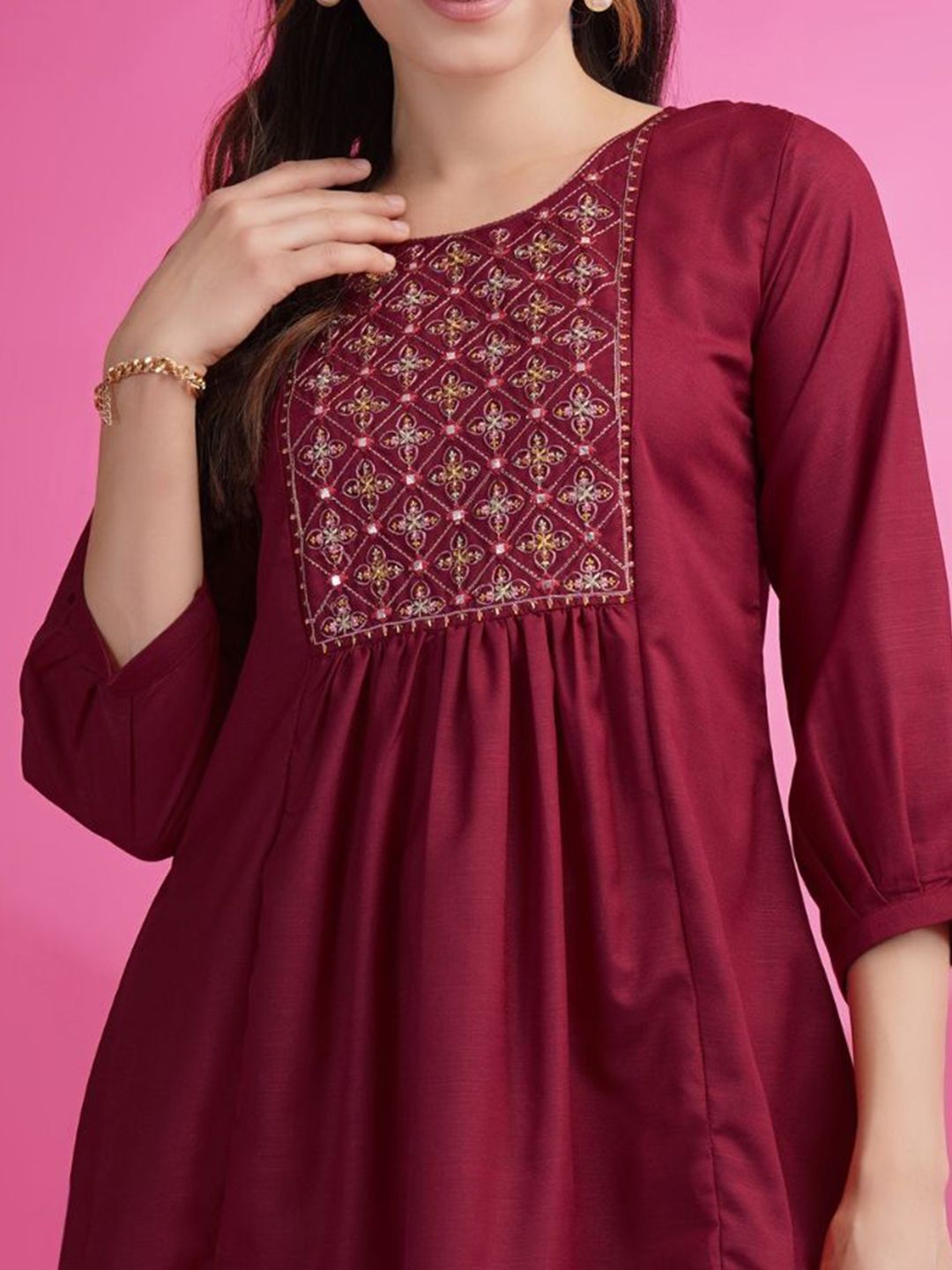 KALINI Embroidered Round Neck Mirror Work A-Line Kurti