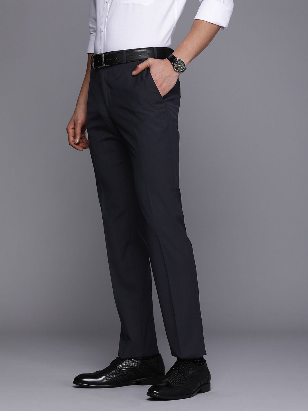 Raymond Men Solid Flat-Front Slim Fit Formal Trousers