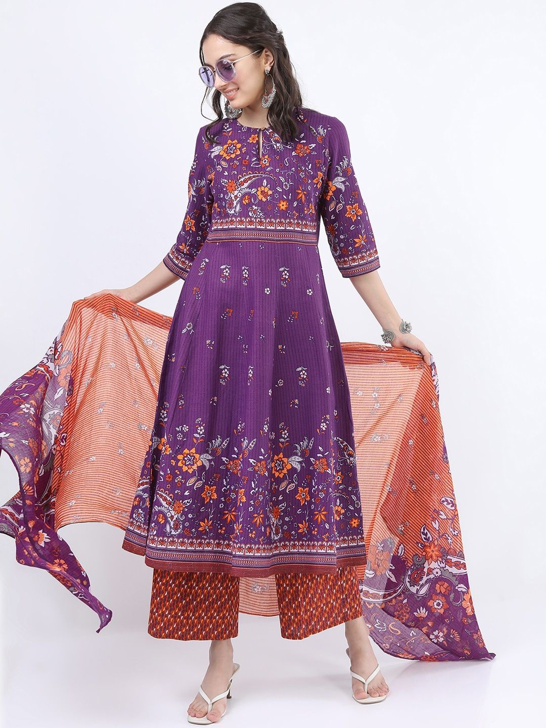 Vishudh Women Purple Ethnic Motifs Printed Panelled Pure Cotton Kurta with Palazzos & With Dupatta