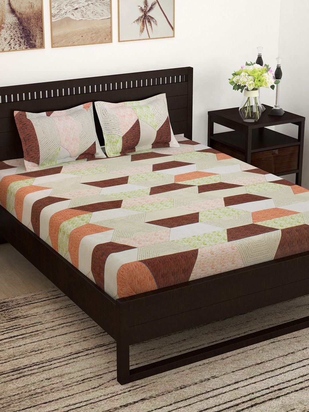Story@home Brown Geometric Flat 144 TC Cotton 1 Double Bedsheet with 2 Pillow Covers
