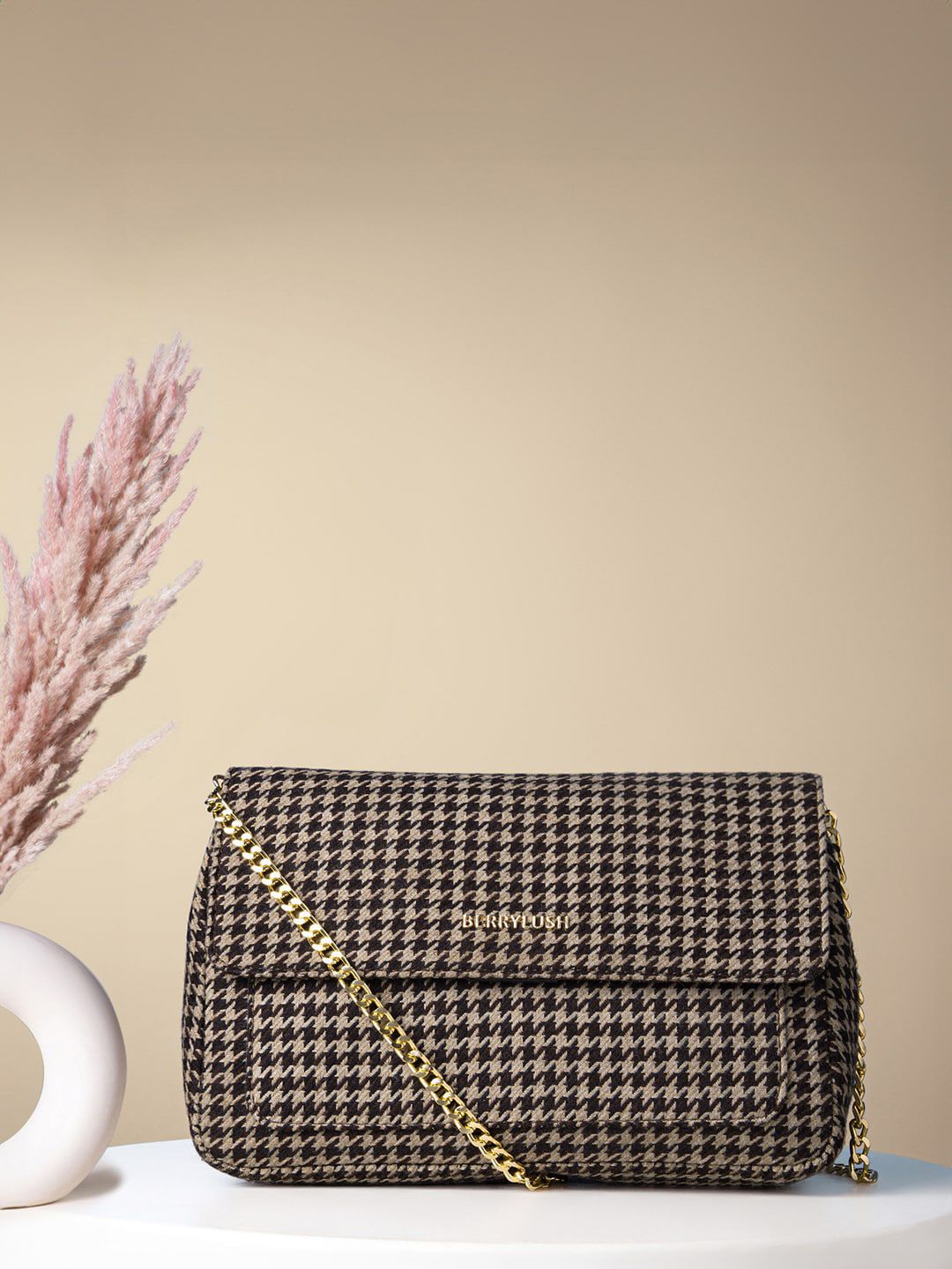 Berrylush Brown Self Design Structured Sling Bag