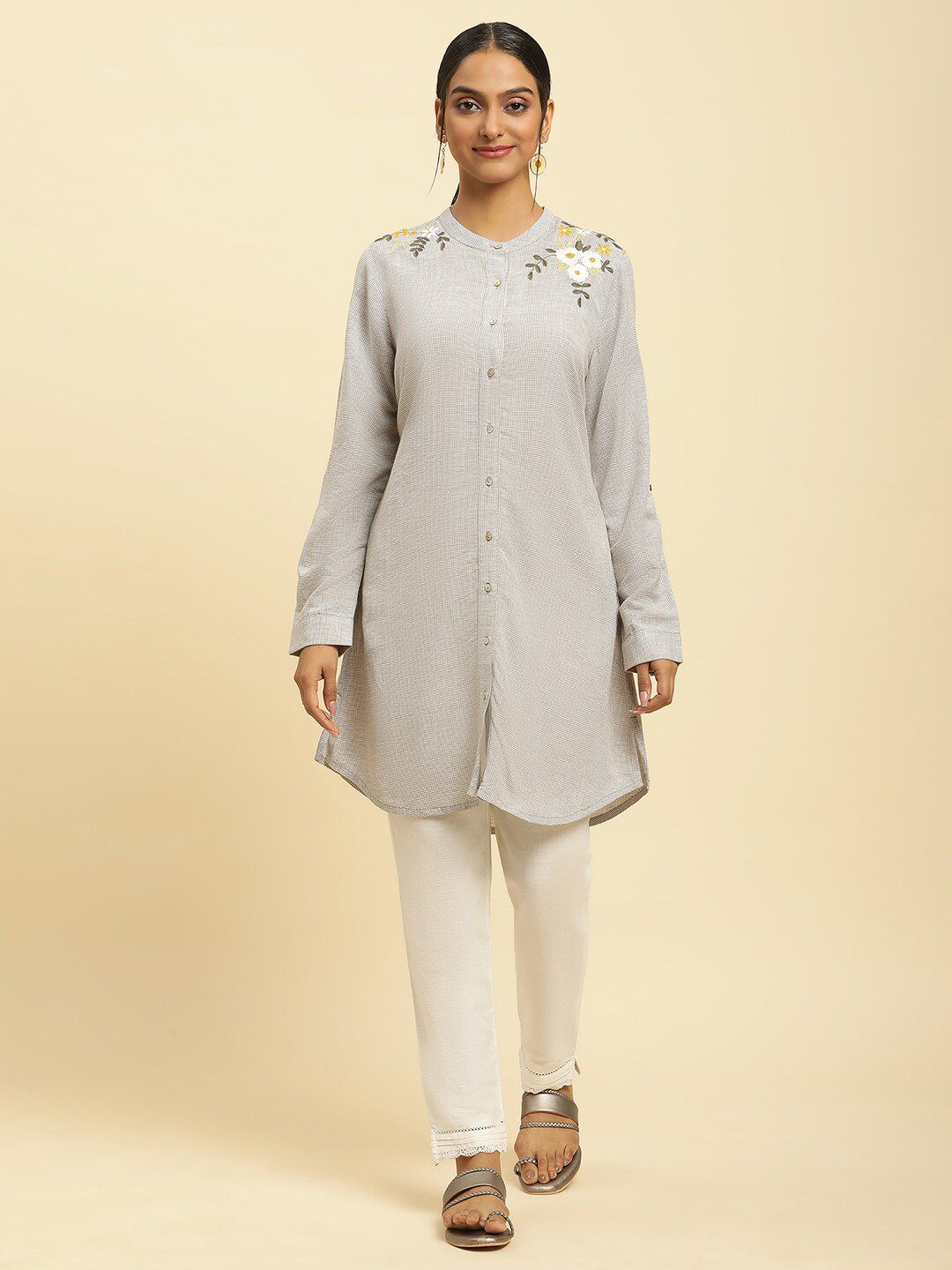 W Checked Collar Checked Band Collar Long Sleeve A-Line Kurta