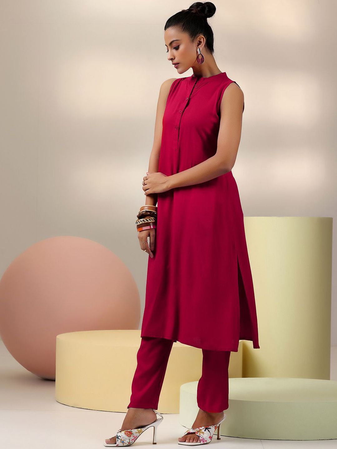 Libas Red Mandarin Collar Tunic & Trousers
