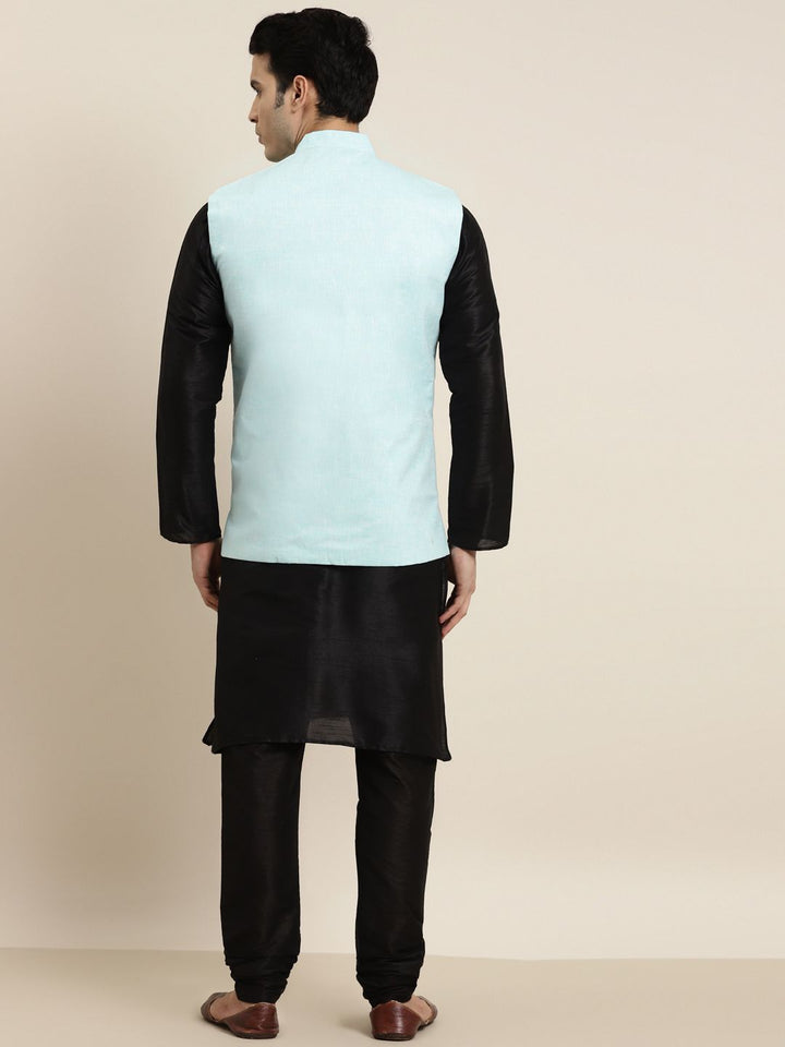 SOJANYA Men Black Solid Kurta with Churidar & Nehru Jacket