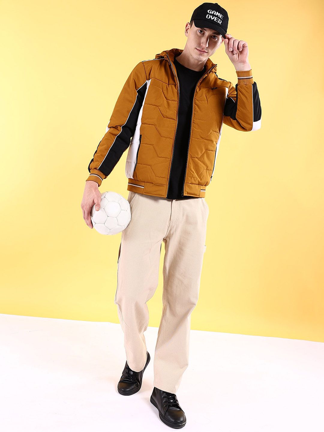 The Indian Garage Co Men Colourblocked Bomber Jacket with Hood