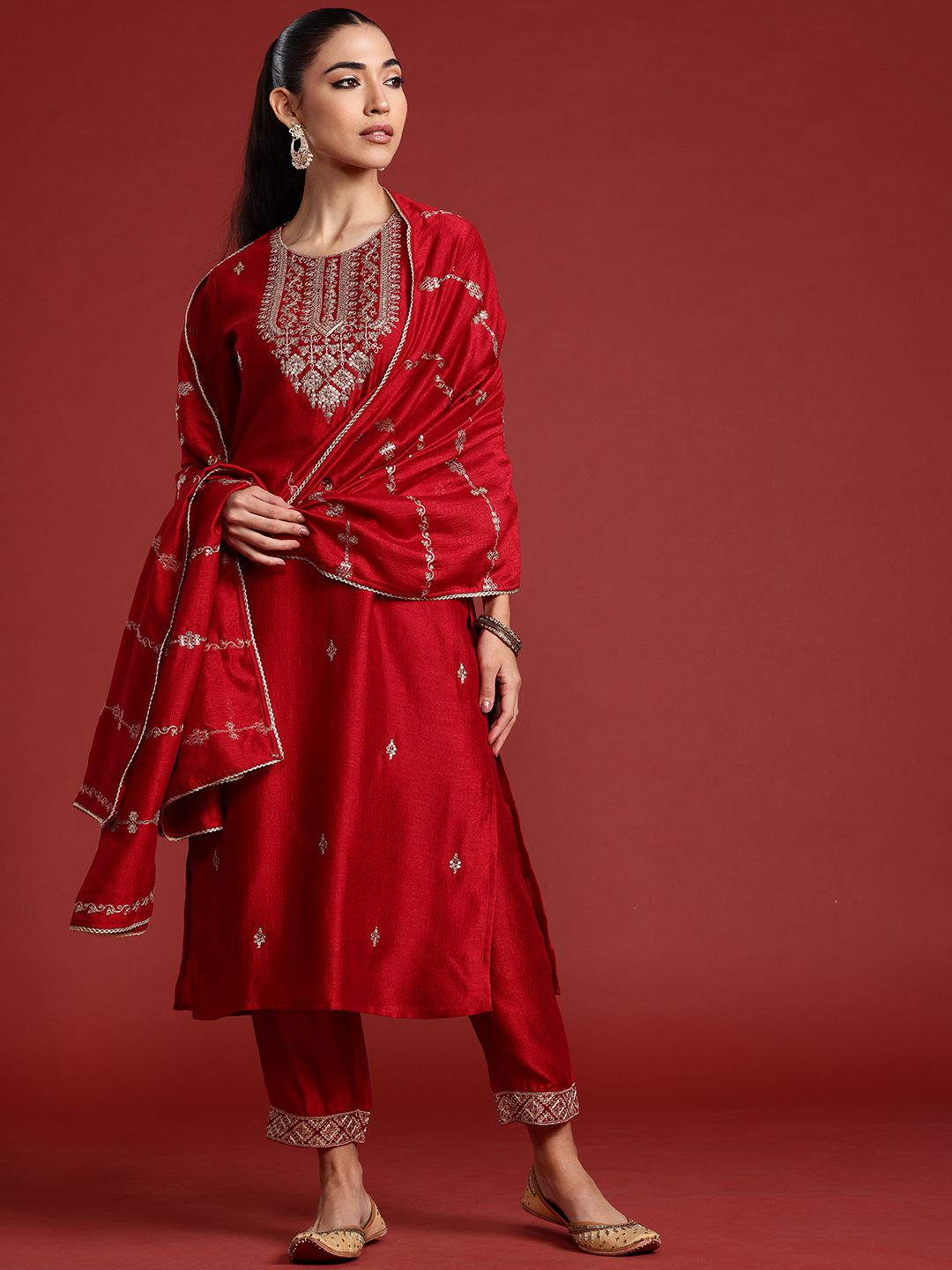Indo Era Ethnic Motifs Embroidered Sequinned Kurta With Trousers & Dupatta