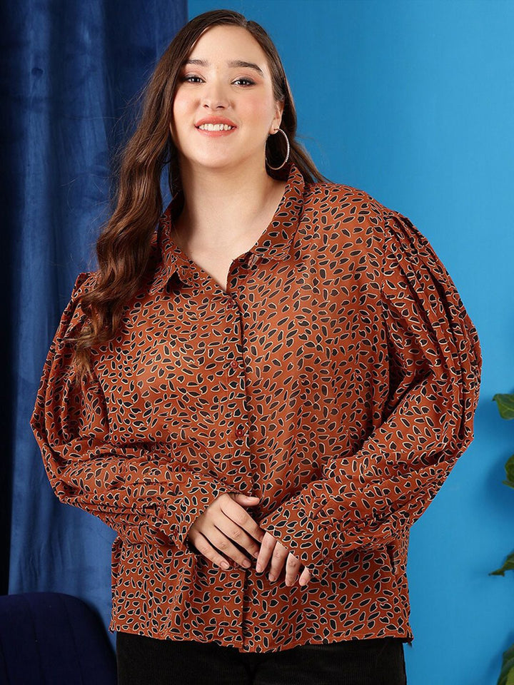 CURVY STREET Abstract Printed Puff Sleeves Oversized Shirt