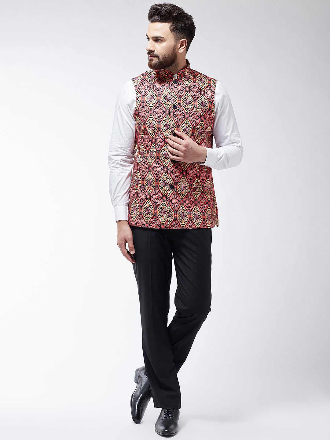 SOJANYA Men Pink & Beige Printed Nehru Jacket