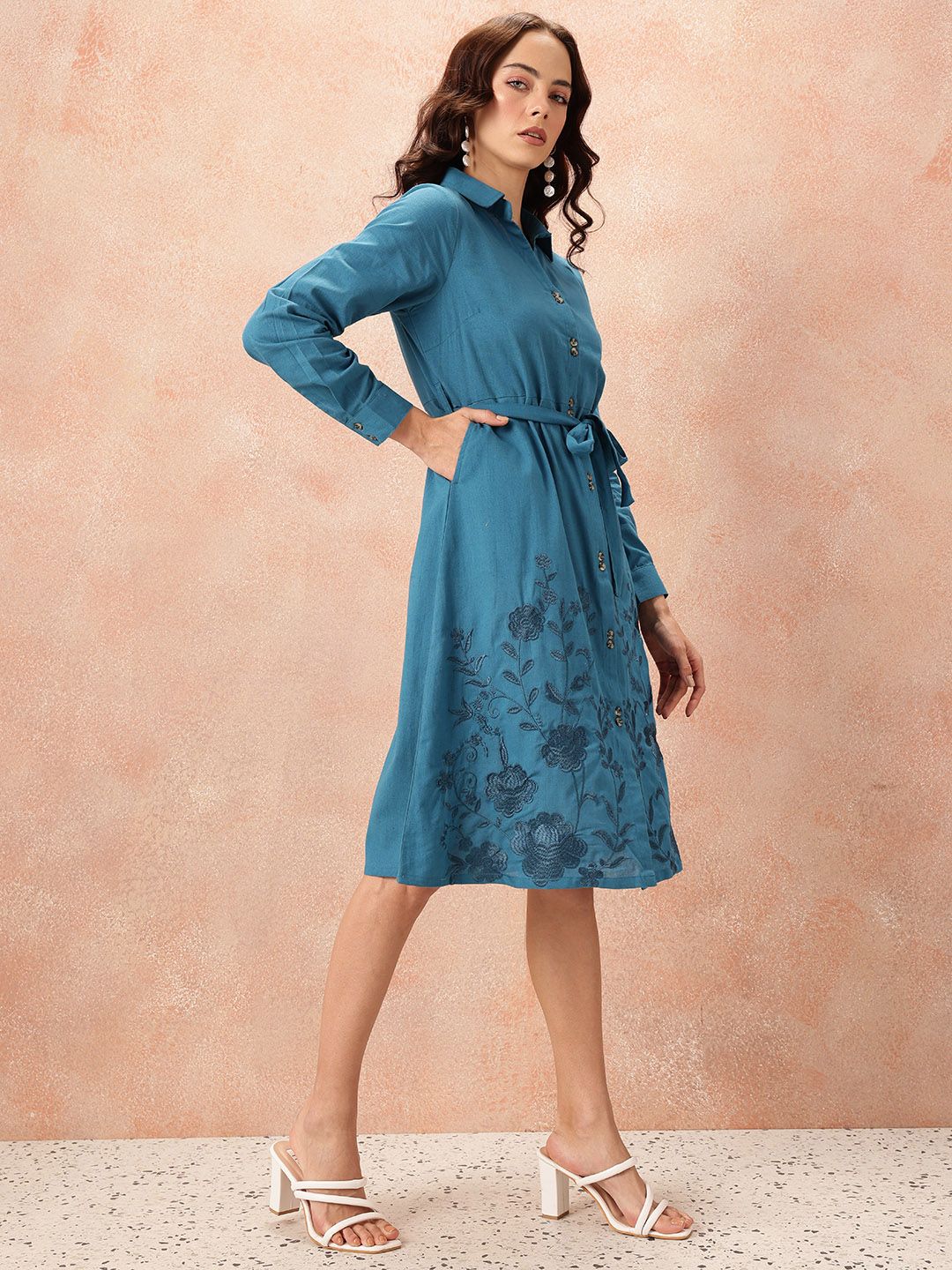 all about you Floral Embroidered Waist Tie-Ups Shirt Dress
