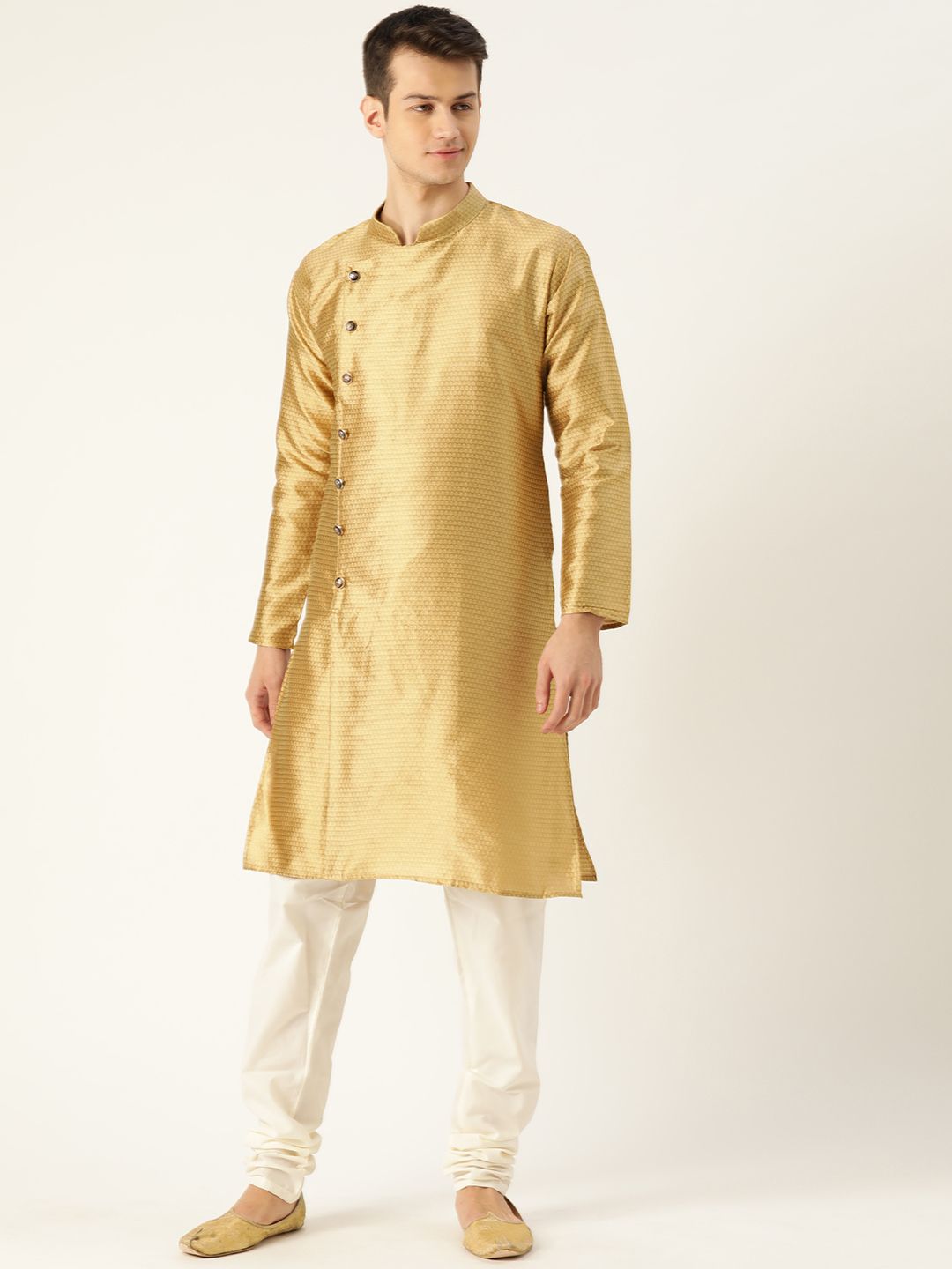 SOJANYA Men Golden Woven Design Angrakha Straight Kurta