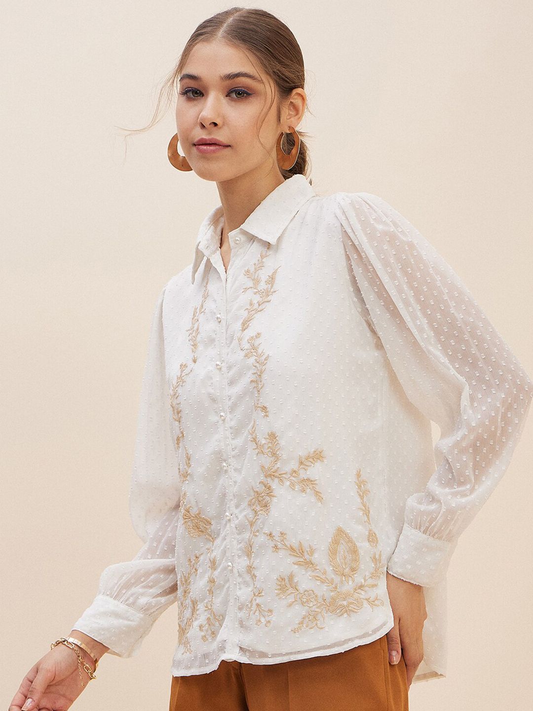 Antheaa White Floral Self Design Cuffed Sleeves Embroidered Detail Shirt Style Top