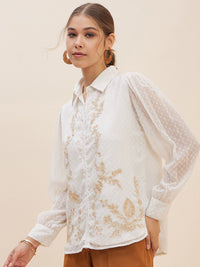 Antheaa White Floral Self Design Cuffed Sleeves Embroidered Detail Shirt Style Top