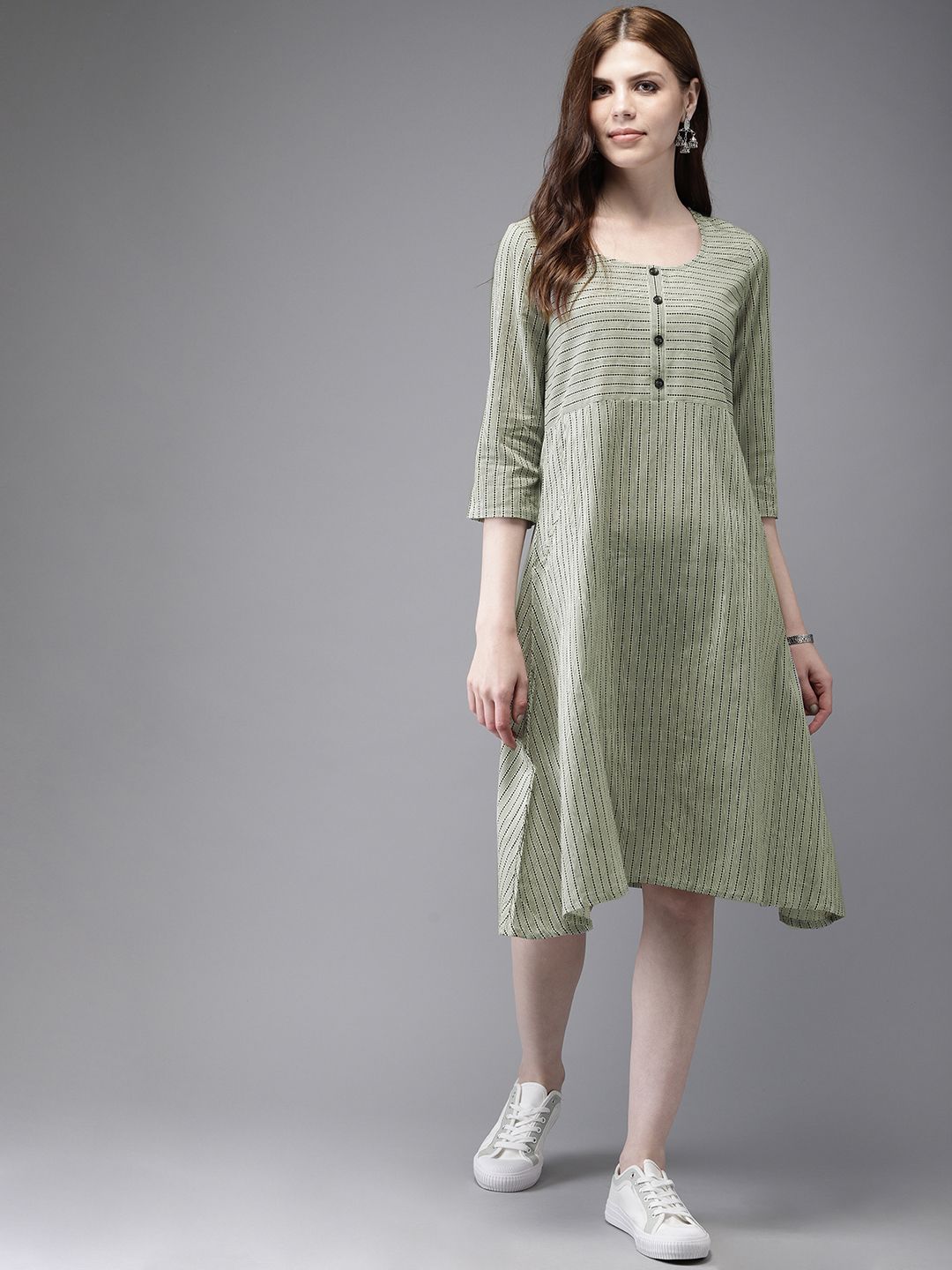 Anouk Women Olive Green & Off-White Printed A-Line Fusion Kurta