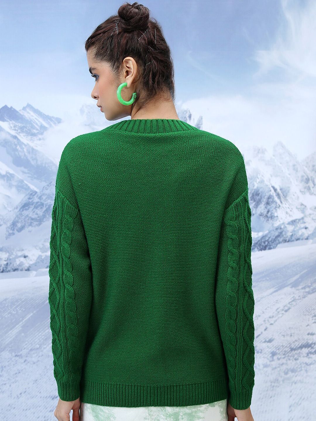 Tokyo Talkies Cable Knit Self Design V-Neck Acrylic Cardigan