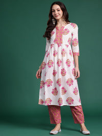Indo Era Floral Printed Pure Cotton Kurta with Trousers