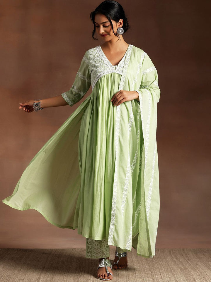 Libas Ethnic Motifs High Slit Thread Work Pure Cotton Kurta with Palazzos & Dupatta