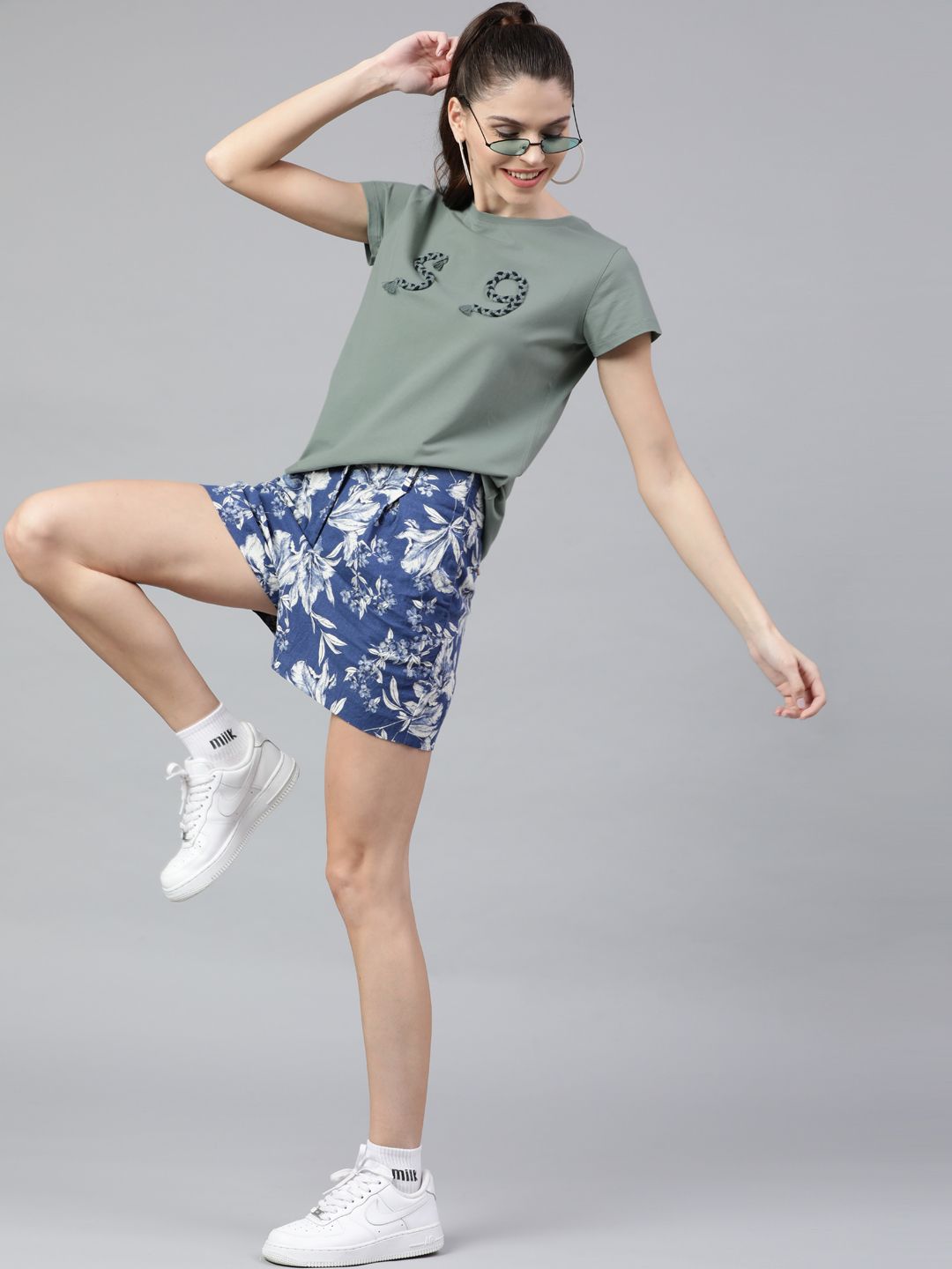 STREET 9 Women Olive Green Printed Round Neck T-shirt