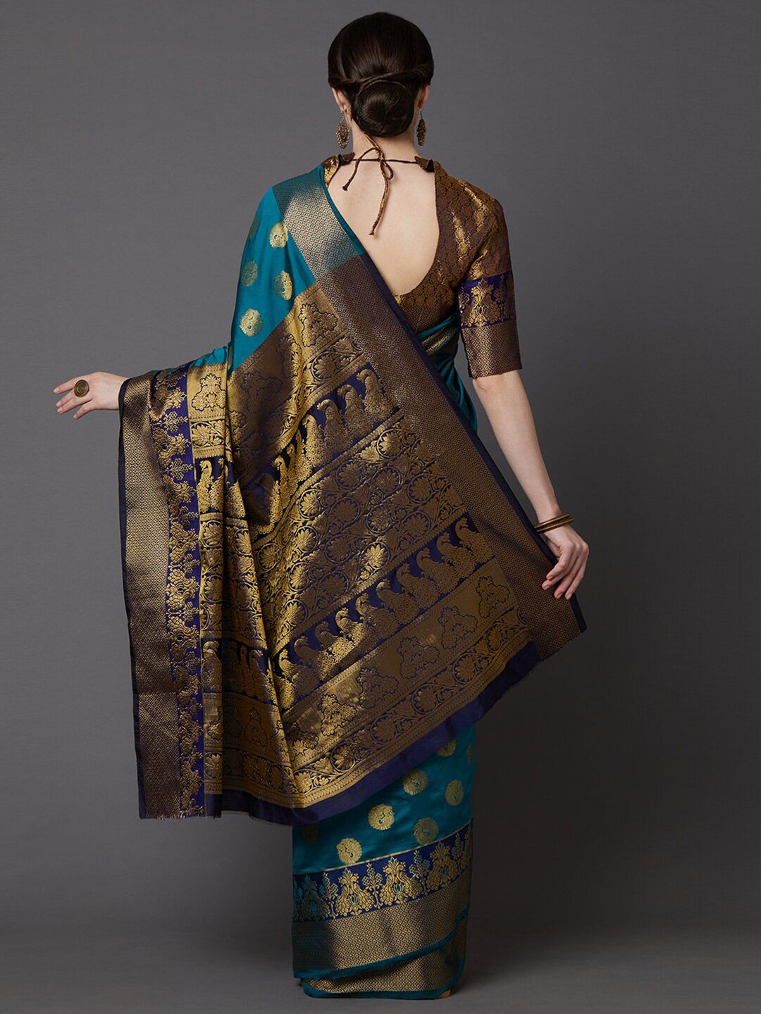 Saree mall Teal Green & Gold-Toned Ethnic Motifs Zari Silk Blend Banarasi Sarees