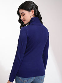 Tokyo Talkies Women Navy Blue Turtle Neck Acrylic Pullover Sweater