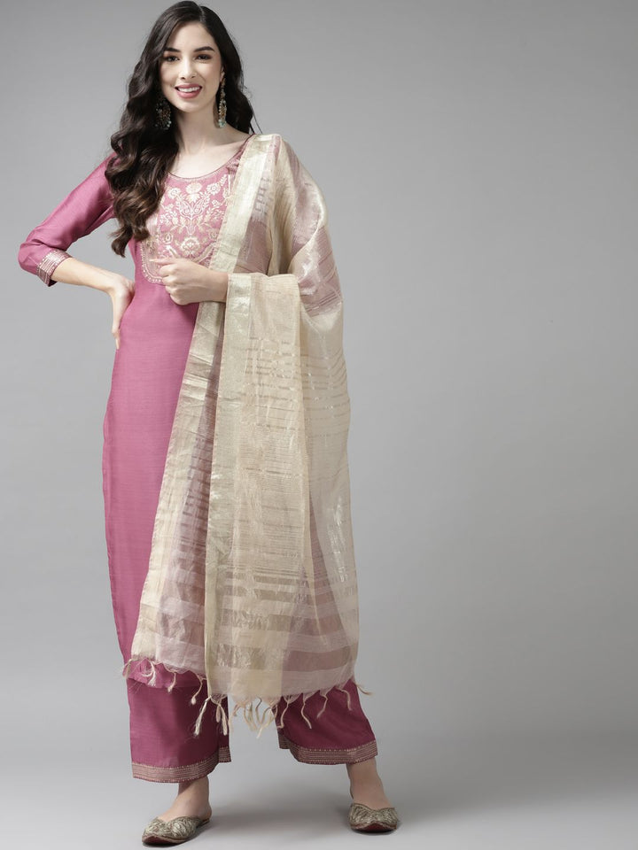 Indo Era Women Pink Yoke Design Regular Kurta with Palazzos & Dupatta