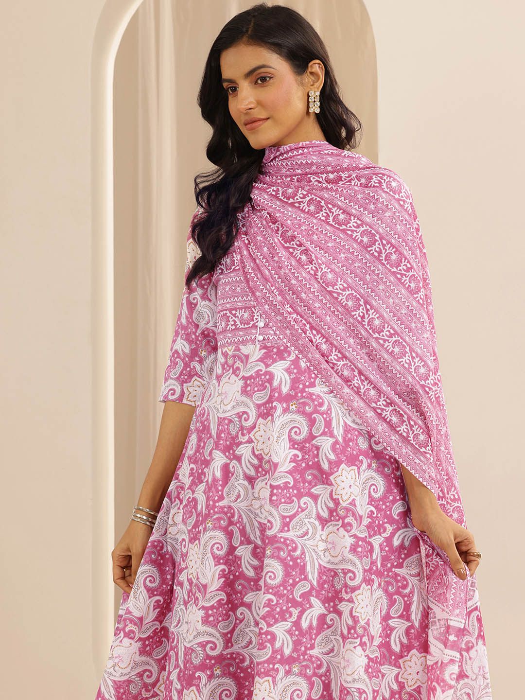 Libas Floral Printed Pure Cotton Anarkali Kurta With Trousers & Dupatta