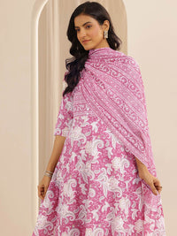 Libas Floral Printed Pure Cotton Anarkali Kurta With Trousers & Dupatta