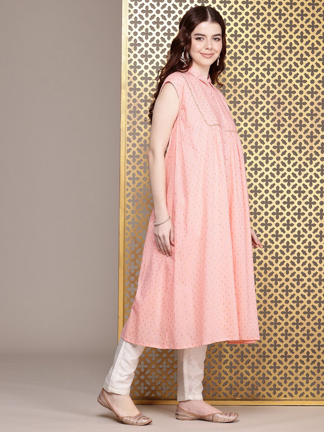 House of Pataudi Geometric Woven Design Shirt Collar Gotta Patti Detail Jashn A-Line Kurta
