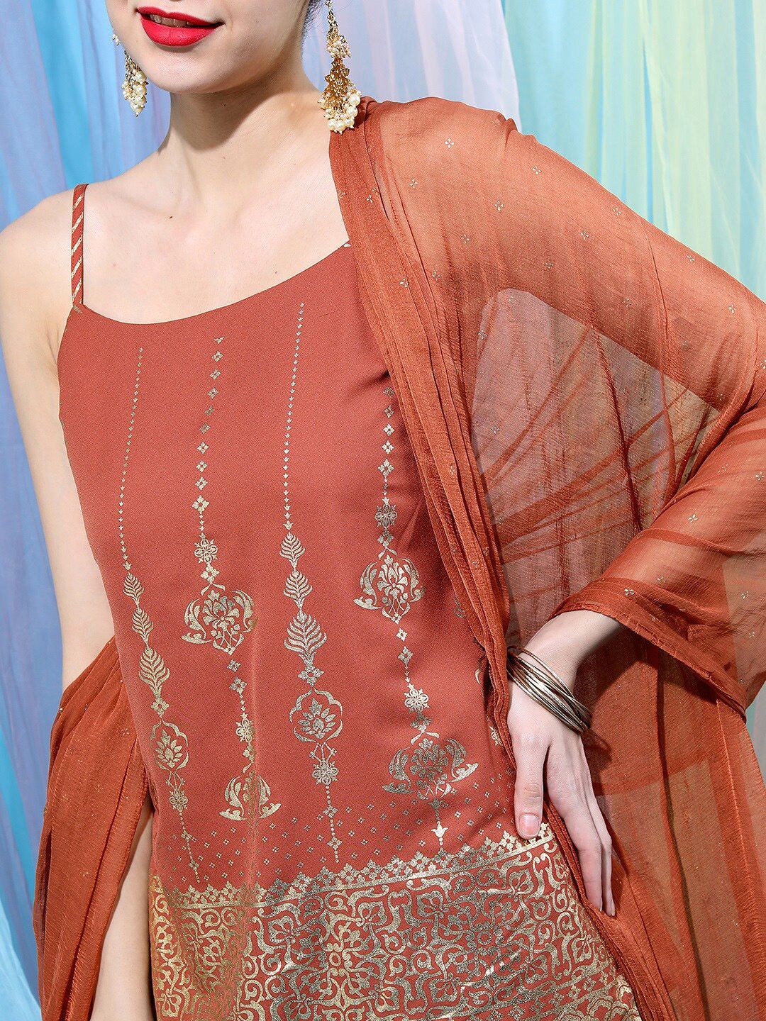 Vishudh Women Ethnic Motifs Printed Kurti with Dhoti Pants & Dupatta