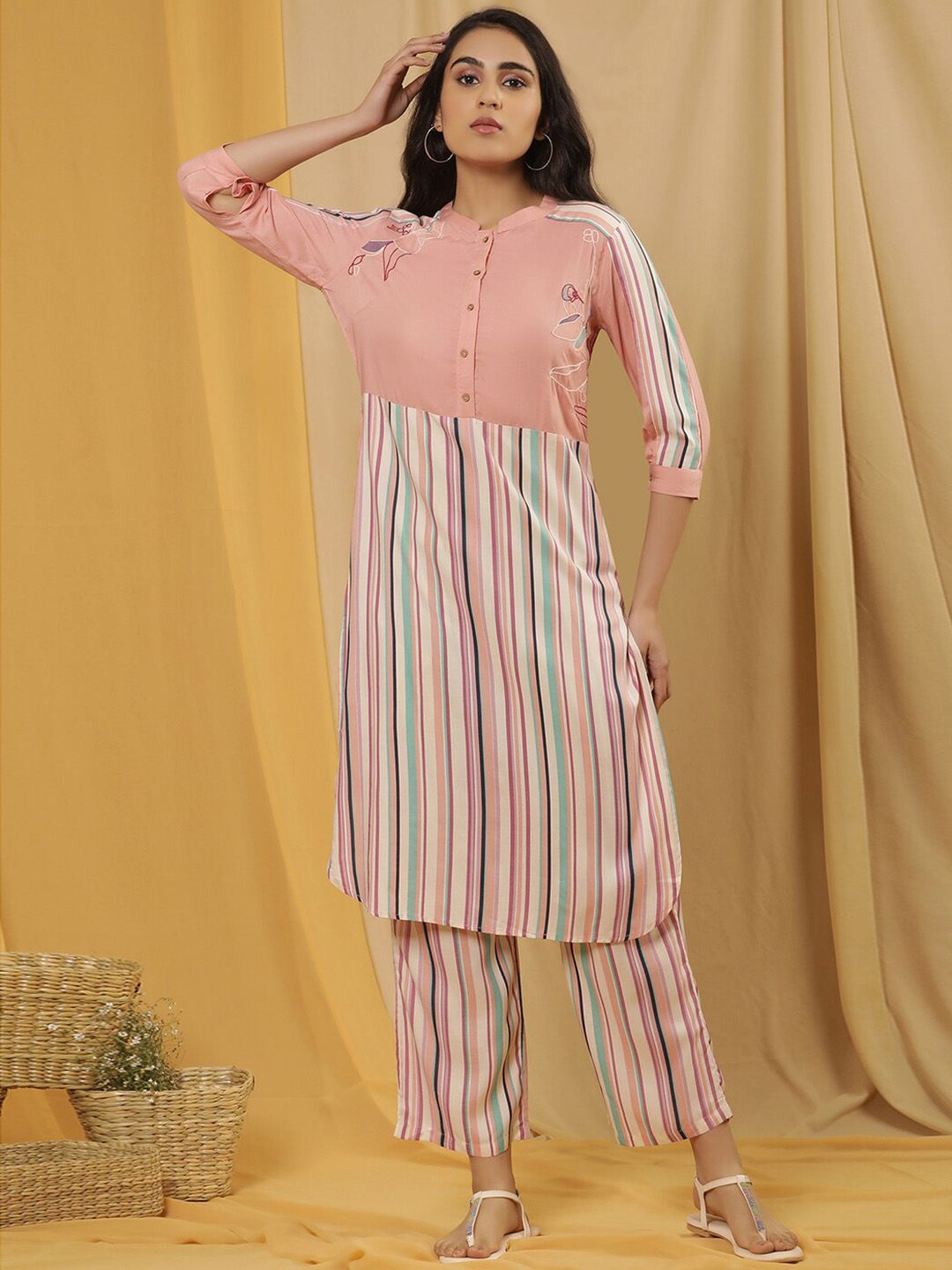 W Striped Printed Straight Kurta with Trouser