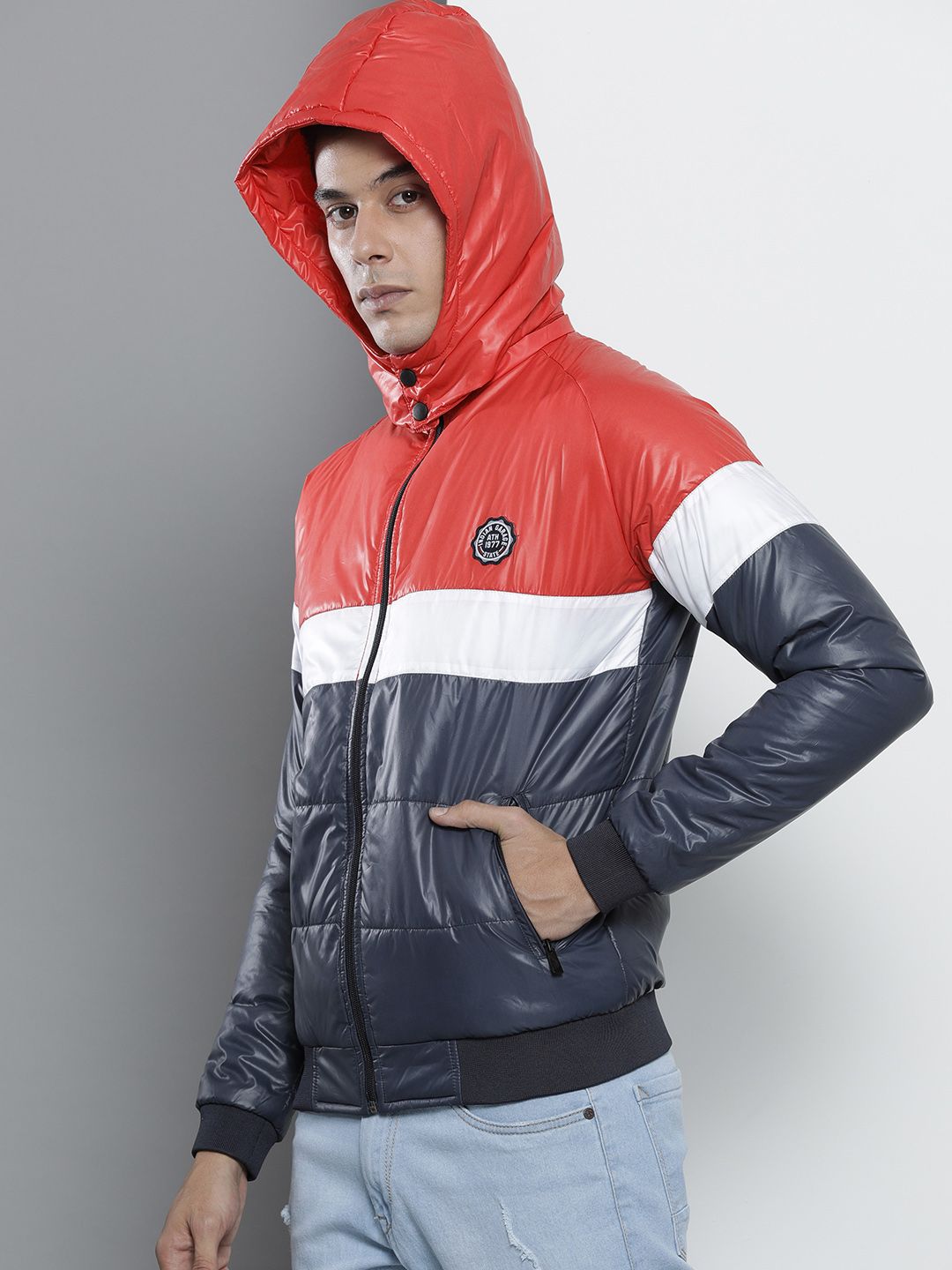 The Indian Garage Co Men Slim Fit Biker Jacket with Detachable Hood