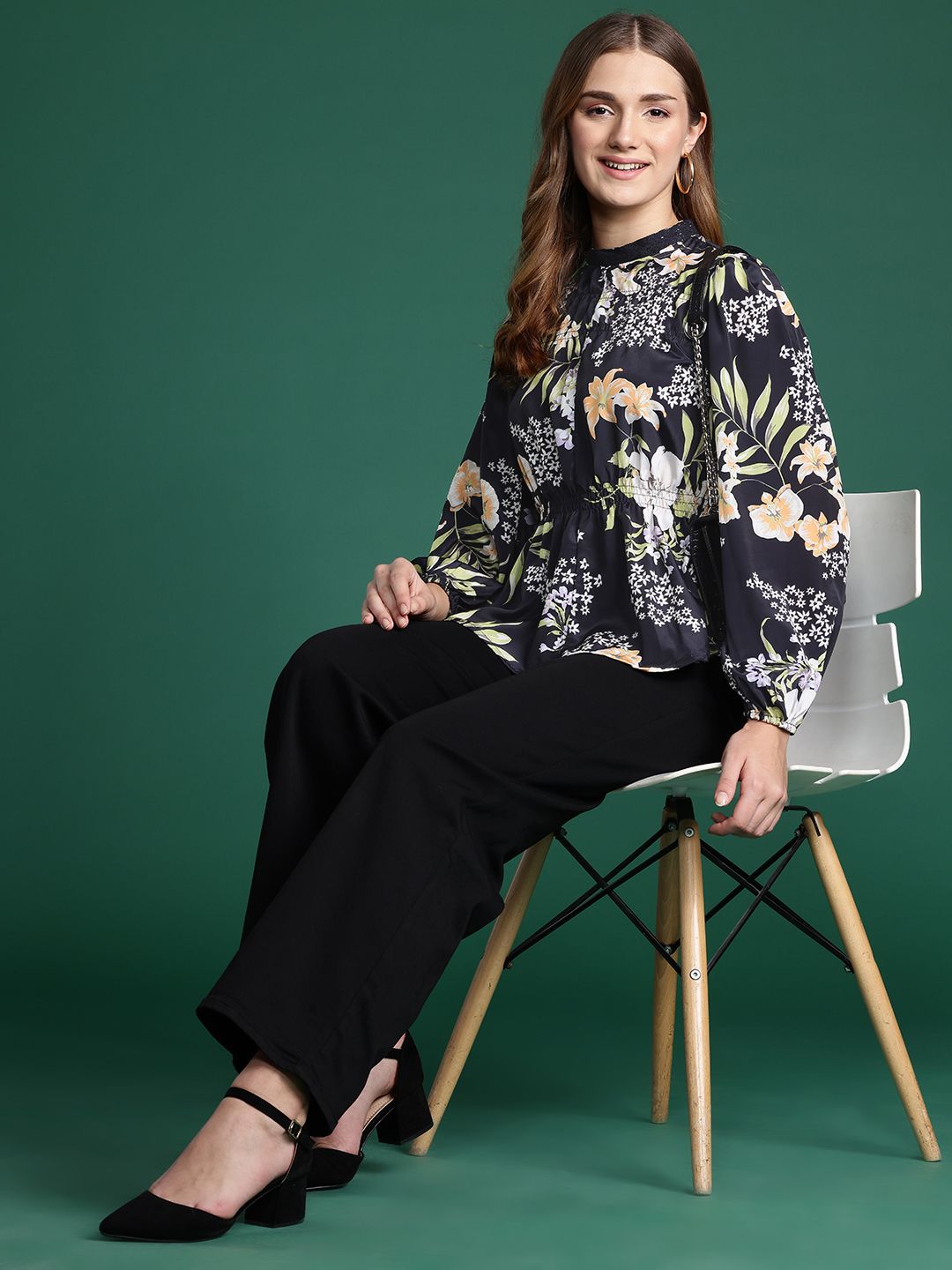 DressBerry Floral Print Puff Sleeves A-Line Top With Lace-Insert Detailing