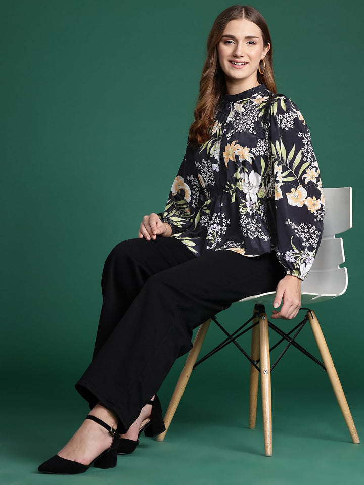 DressBerry Floral Print Puff Sleeves A-Line Top With Lace-Insert Detailing