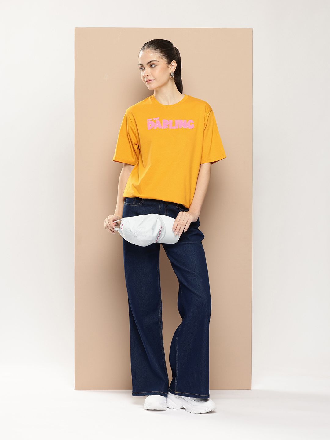 Difference of Opinion Women Typography Printed Embossed Oversized T-shirt