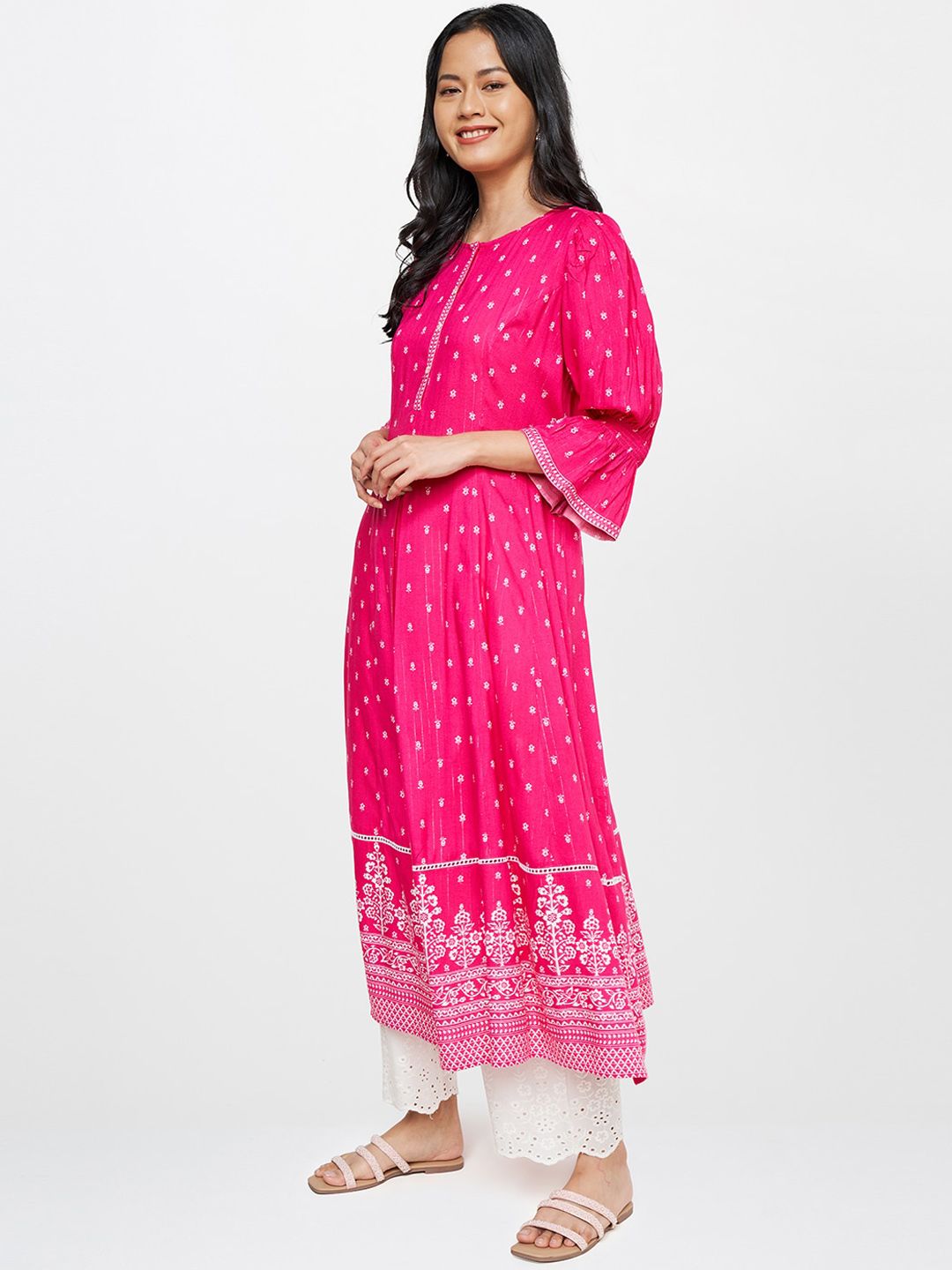 Global Desi Women Pink Printed Bell Sleeves Anarkali Kurta