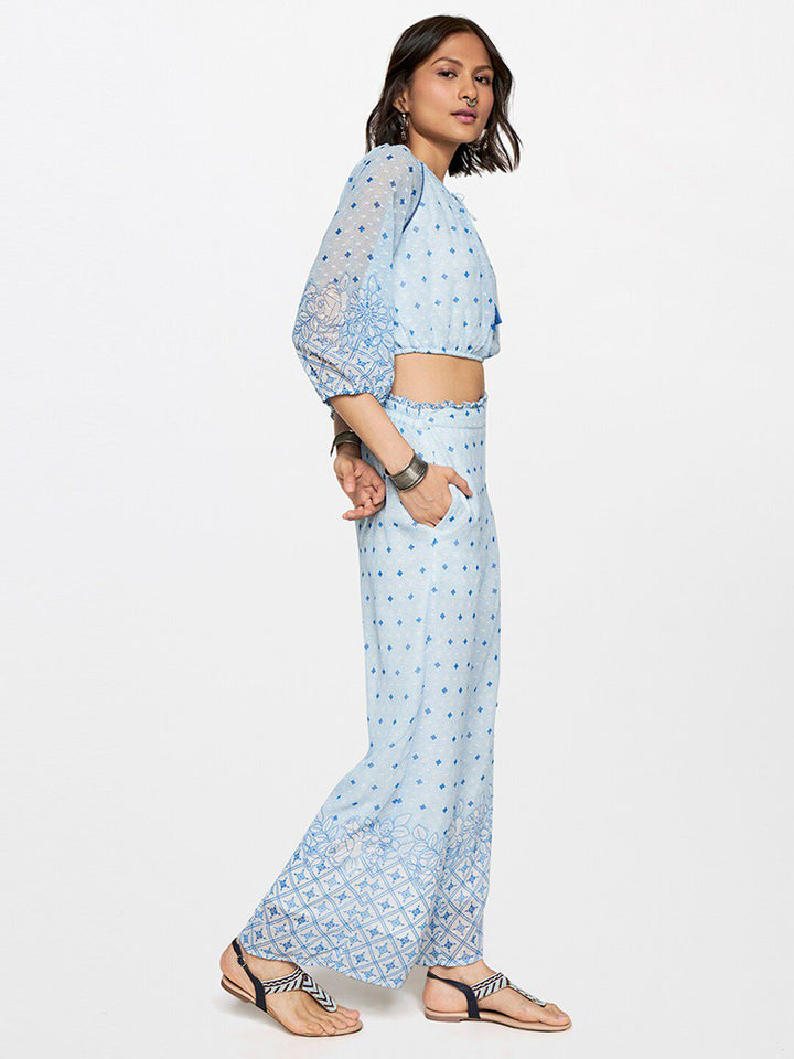 Global Desi Printed Tie-Up Neck Puff Sleeves Top with Trousers