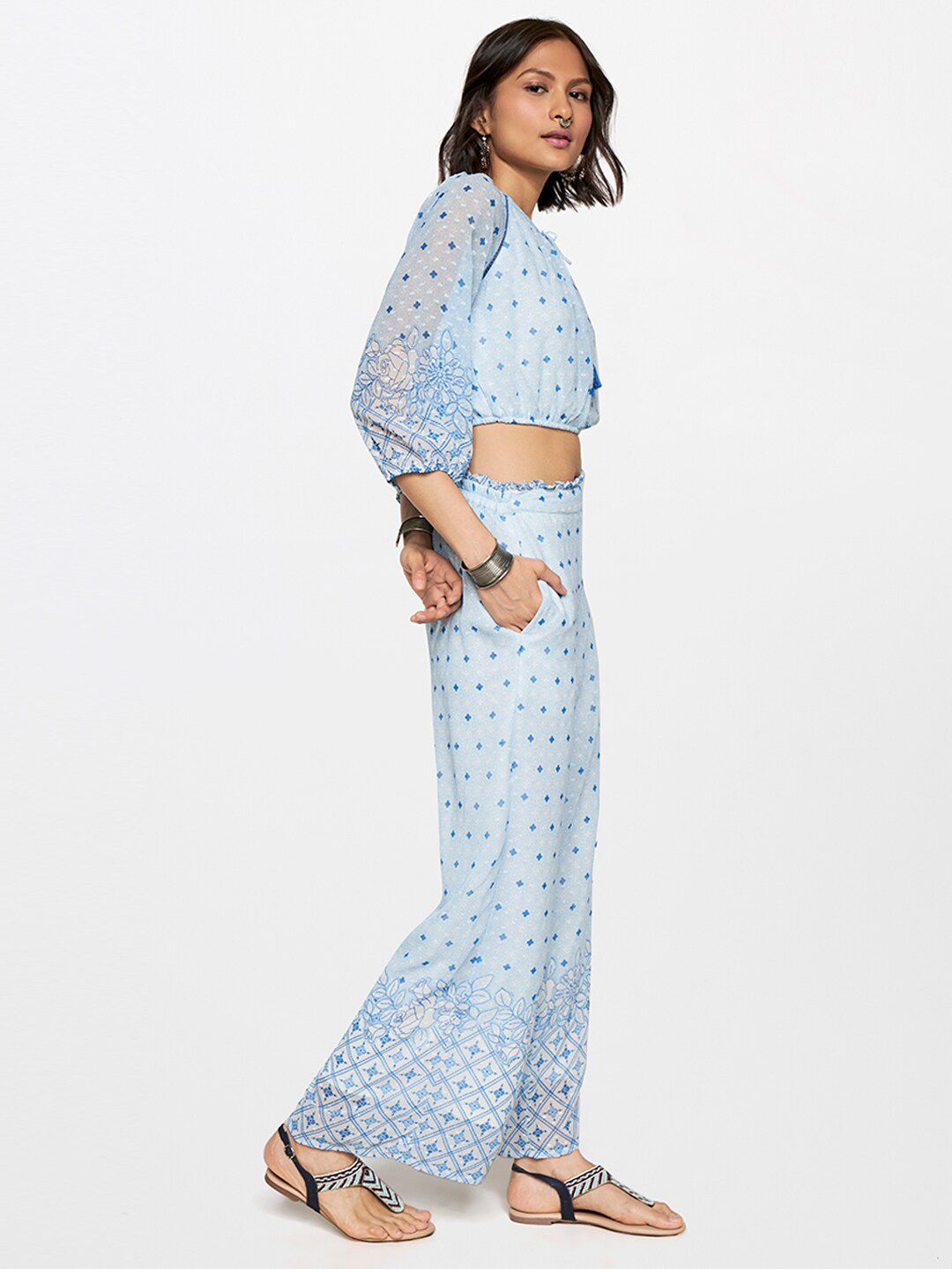 Global Desi Printed Tie-Up Neck Puff Sleeves Top with Trousers