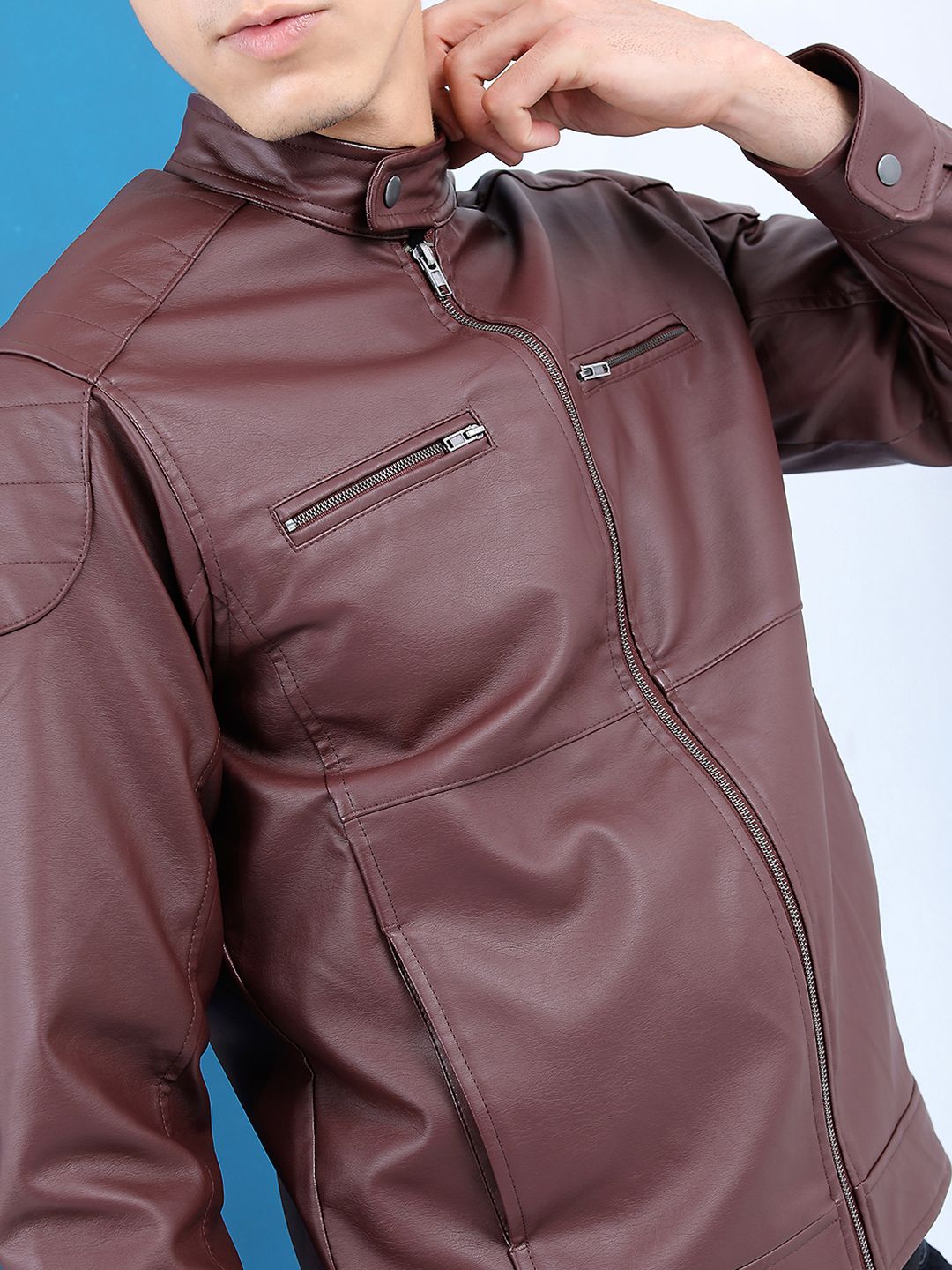 HIGHLANDER Men Burgundy Solid Leather Jacket