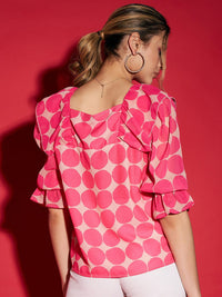 SASSAFRAS Pink Geometric Printed Ruffles Detailed Regular Top