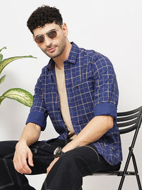 The Indian Garage Co Men Navy Blue & Grey Slim Fit Checked Casual Shirt