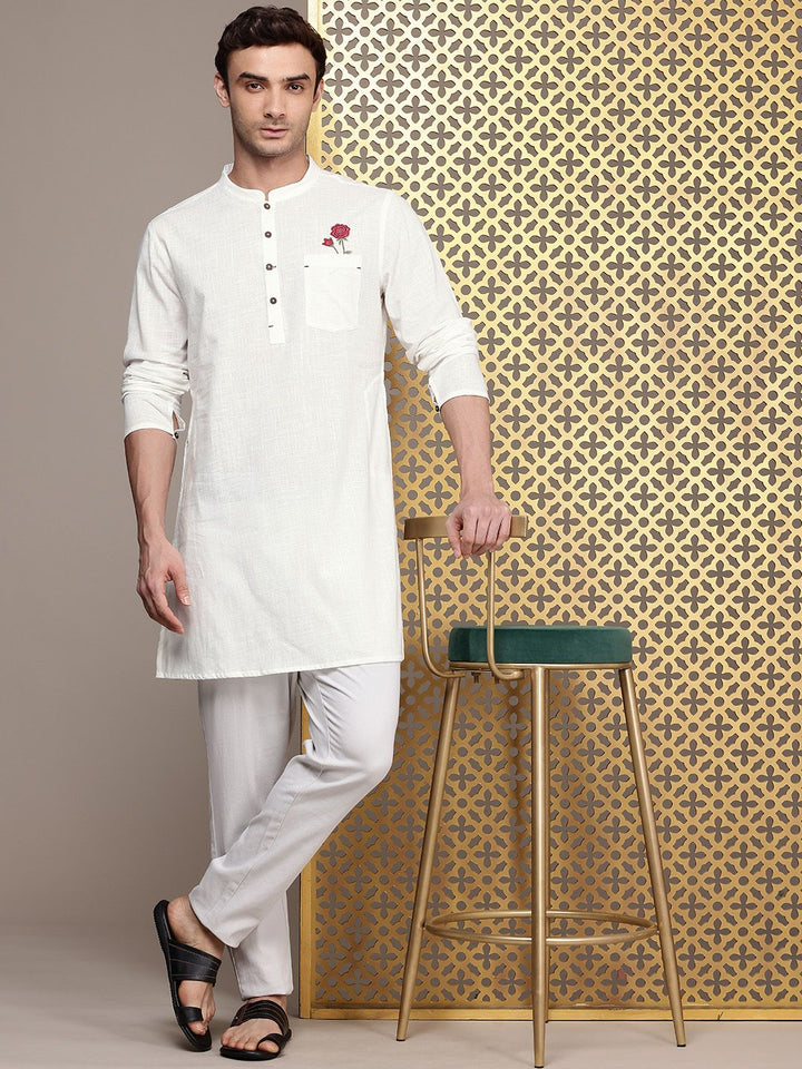 House of Pataudi Mandarin Collar Thread Work Detail Pure Cotton Rozana Kurta