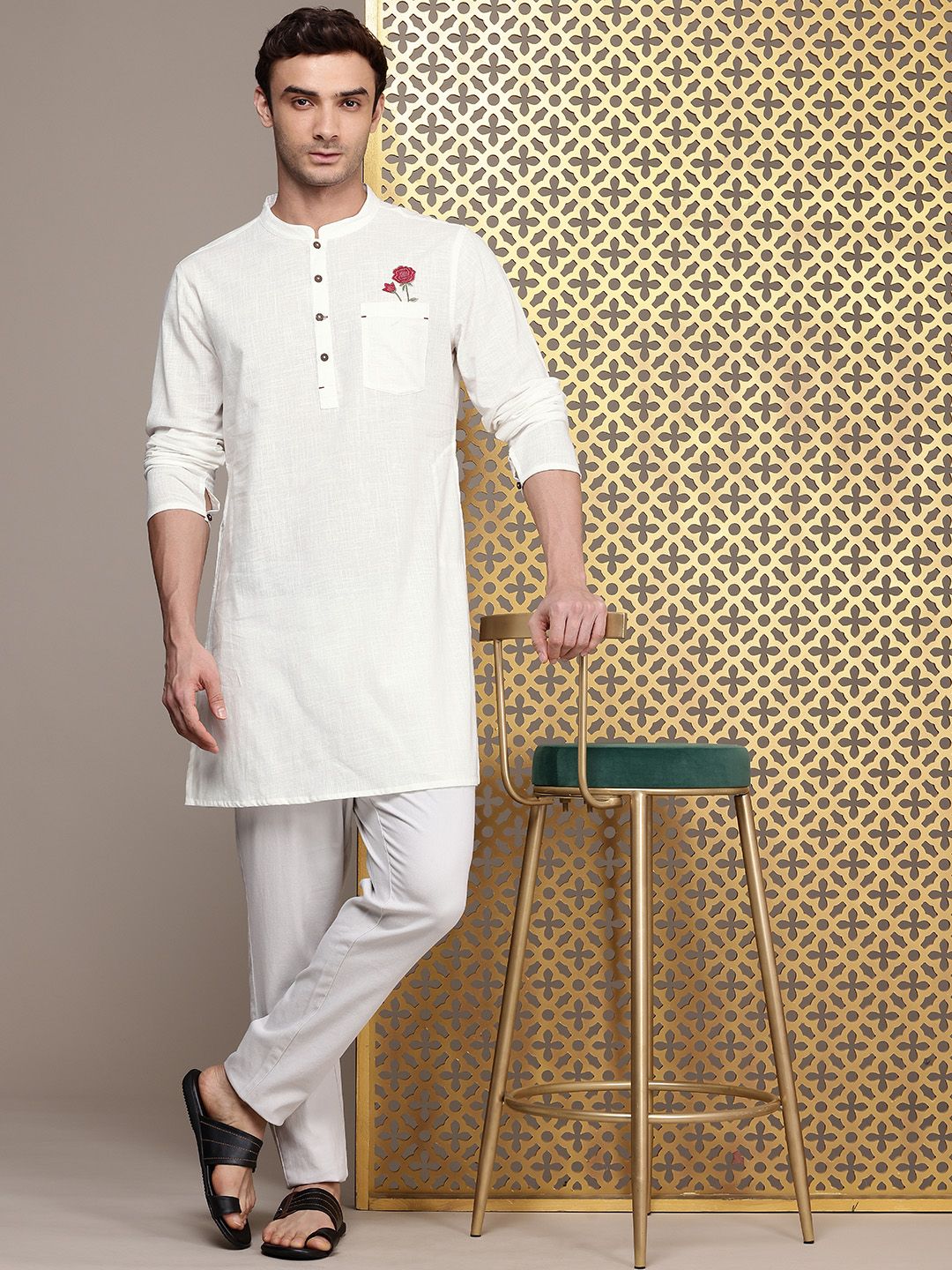 House of Pataudi Mandarin Collar Thread Work Detail Pure Cotton Rozana Kurta