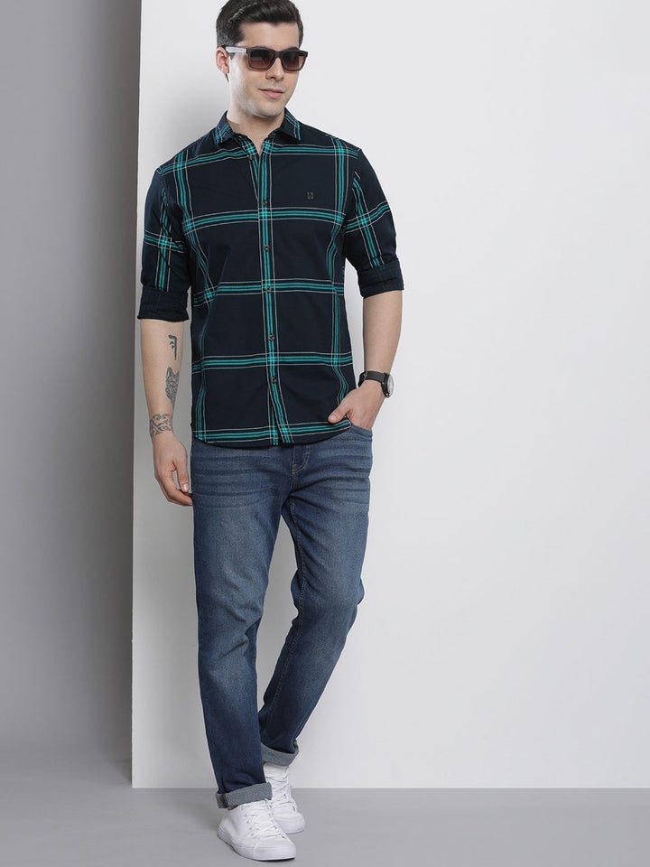 The Indian Garage Co Men Navy Blue Checked Pure Cotton Casual Shirt