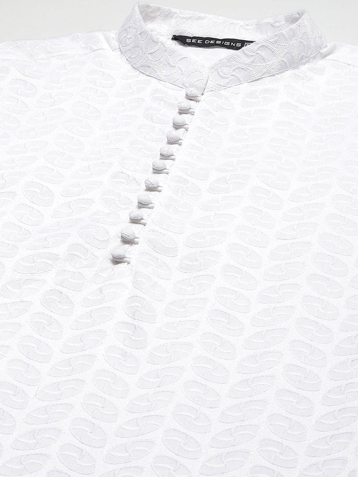 See Designs Men White Embroidered Chikankari Pure Cotton Kurta with Pyjamas