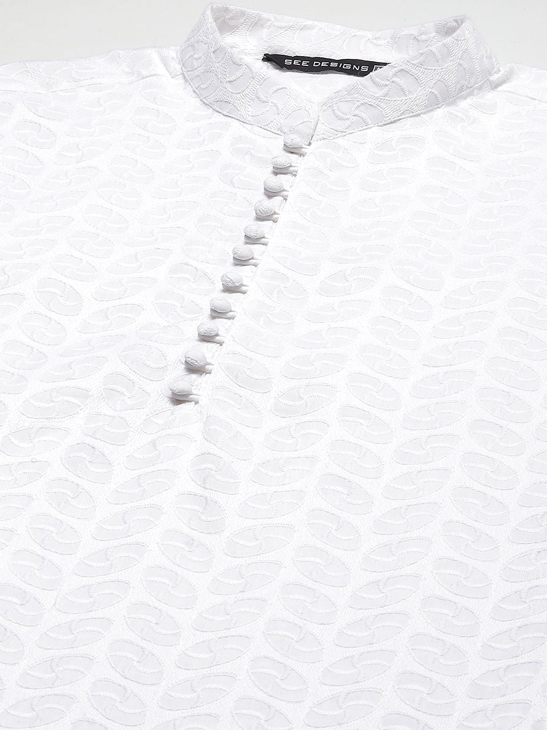 See Designs Men White Embroidered Chikankari Pure Cotton Kurta with Pyjamas