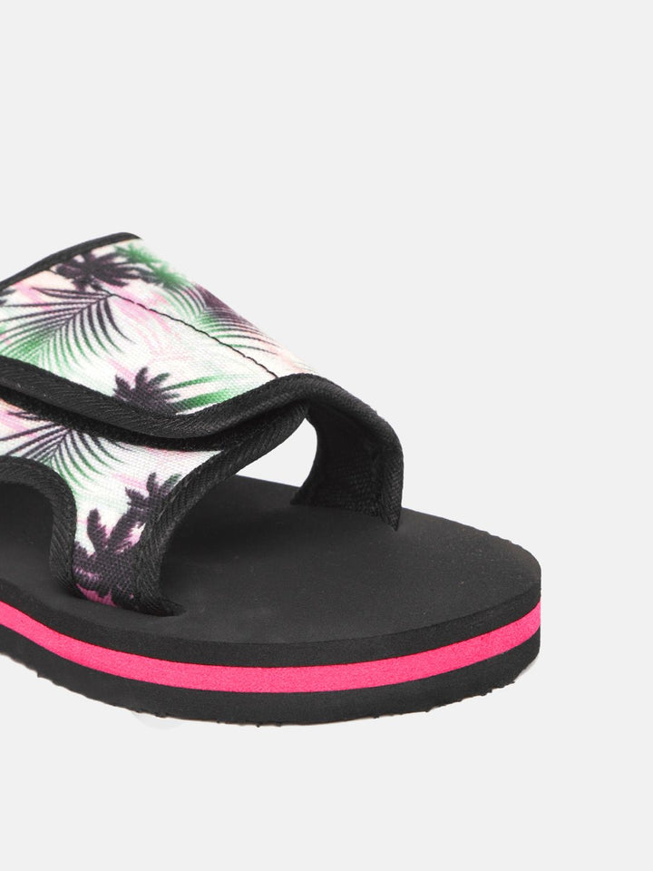YK Boys White & Black Tropical Printed Sliders